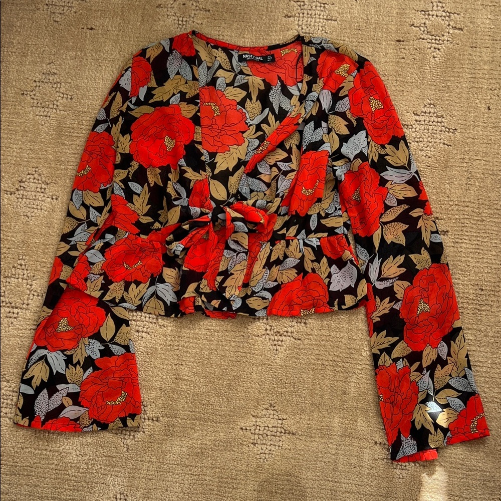 Nasty Gal Red and Black Floral Wrap Blouse